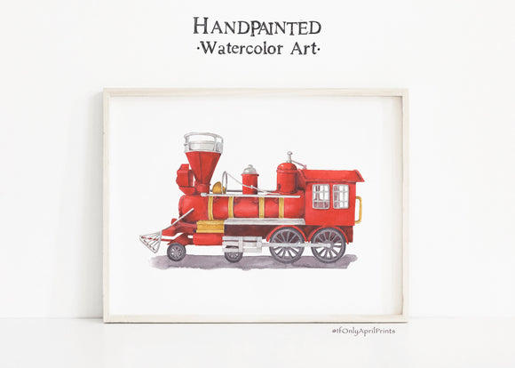 Red Locomotive Watercolor Print, DIGITAL DOWNLOAD