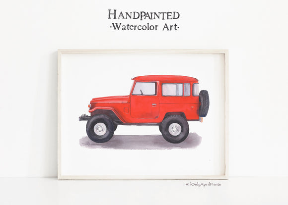 Red Vintage Jeep Watercolor Print, DIGITAL DOWNLOAD