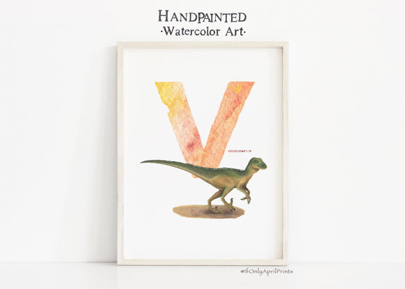 Letter V, Velociraptor Dinosaur print